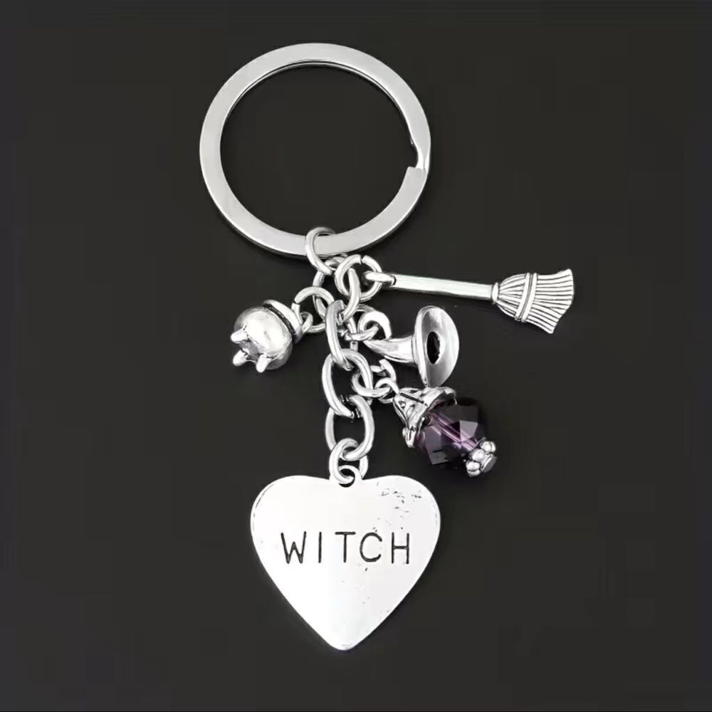 Witch, Keychain with cauldron broom, witch hat, purple beaded, glass, crystal